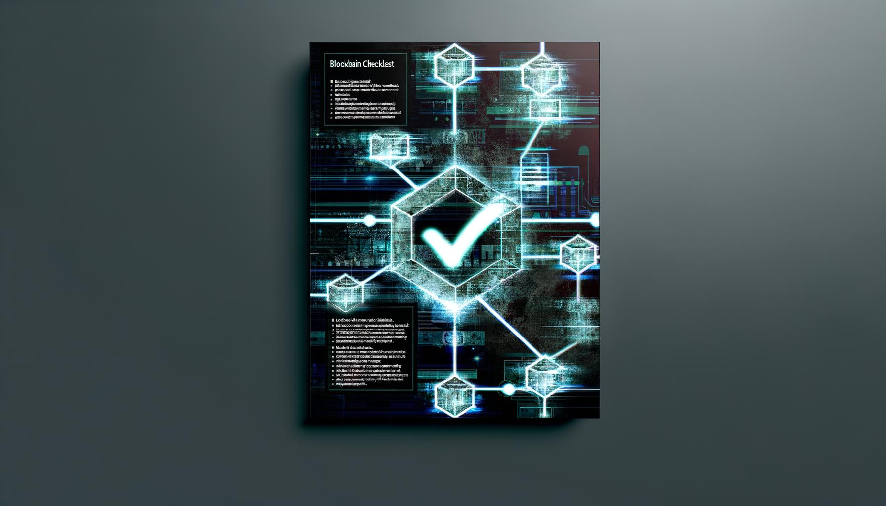 Dunkler, digital anmutender Hintergrund mit stilisierter Blockchain-Visualisierung, leuchtenden Knotenlinien, Checklisten-Icon und technischen Parametern. Im Vordergrund der Titel ‚Blockchain Checkliste: Experten-Guide für smarte Umsetzung‘.