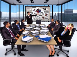 Mehrere Manager in Anzügen sitzen müde an einem Konferenztisch voller PowerPoint-Ausdrucke, während ein gelangweilter Berater auf eine abstrakte Präsentation deutet. Im Hintergrund ein Großraumbüro mit Glaswand und nicht genutztem Action-Items-Whiteboard.