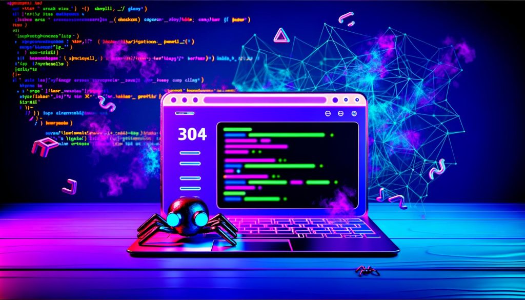 Futuristischer Laptop mit einer modernen Website im React/Vue-Stil, beleuchtet von Neonlichtern. Ein Roboter-Spider steht davor und schaut verwirrt auf eine leere Seite, im Hintergrund schweben Code-Fragmente und verblasste Content-Boxen.