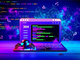 Futuristischer Laptop mit einer modernen Website im React/Vue-Stil, beleuchtet von Neonlichtern. Ein Roboter-Spider steht davor und schaut verwirrt auf eine leere Seite, im Hintergrund schweben Code-Fragmente und verblasste Content-Boxen.