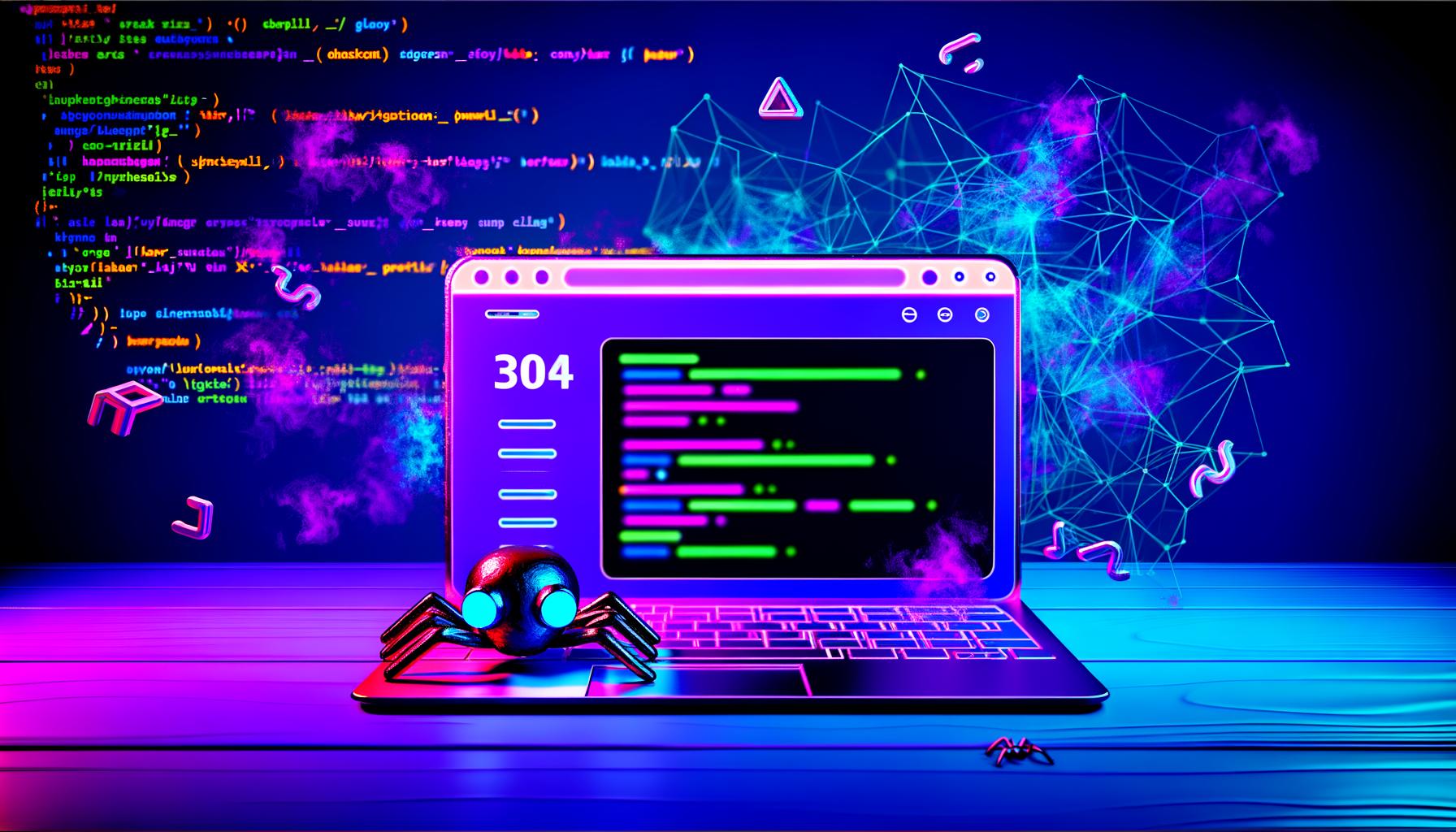 Futuristischer Laptop mit einer modernen Website im React/Vue-Stil, beleuchtet von Neonlichtern. Ein Roboter-Spider steht davor und schaut verwirrt auf eine leere Seite, im Hintergrund schweben Code-Fragmente und verblasste Content-Boxen.