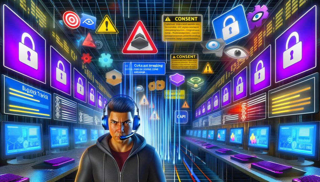 Dynamische Titelbild-Illustration eines Serverraums mit Monitoren, Tracking-Daten, Consent- und Pixel-Logos, sowie einer IT-Fachkraft mit Headset zwischen technischen Checklisten und Dashboard-Visualisierungen. Im Hintergrund Datenflüsse und zerbrechende Cookie-Symbole.