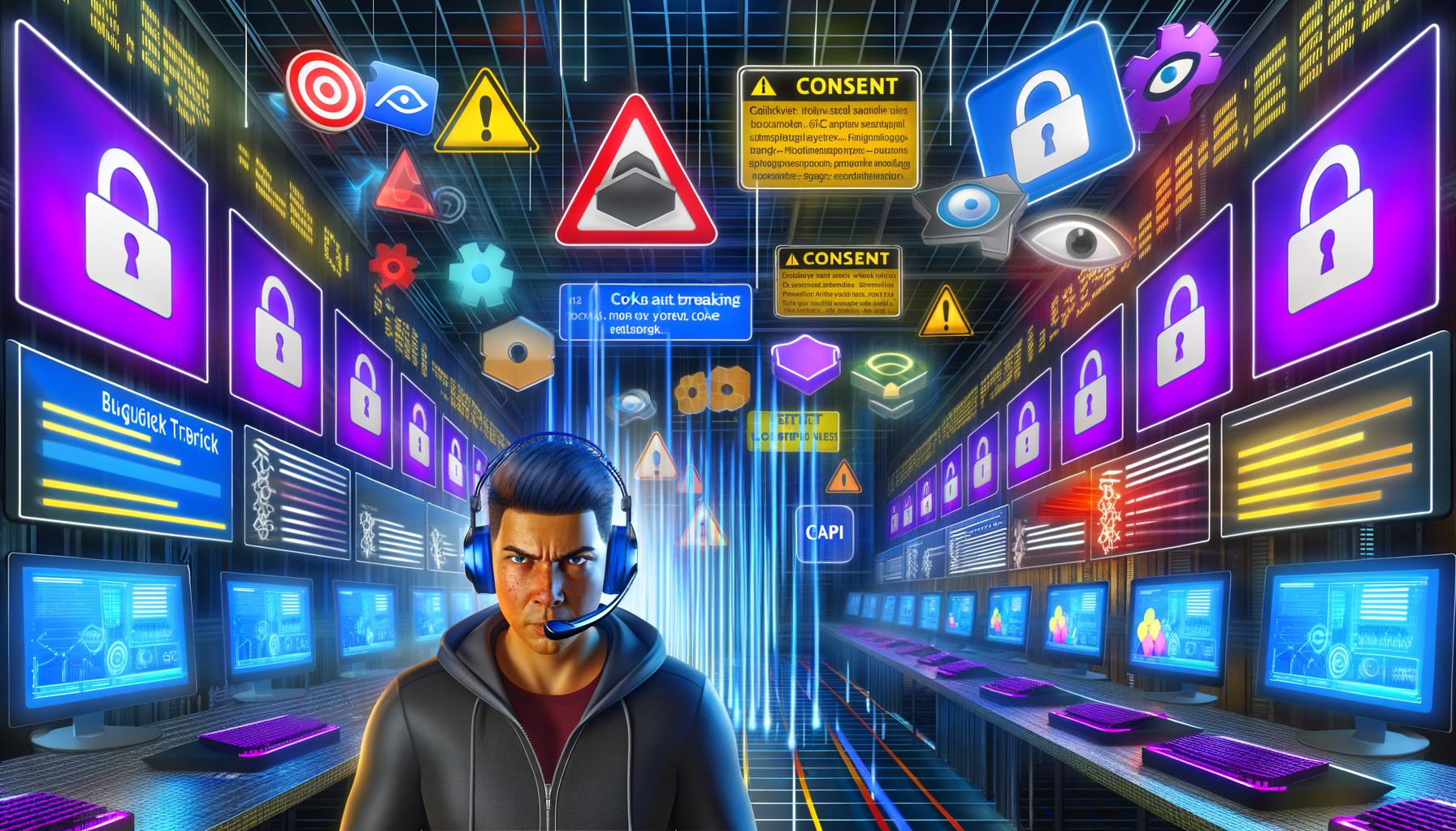 Dynamische Titelbild-Illustration eines Serverraums mit Monitoren, Tracking-Daten, Consent- und Pixel-Logos, sowie einer IT-Fachkraft mit Headset zwischen technischen Checklisten und Dashboard-Visualisierungen. Im Hintergrund Datenflüsse und zerbrechende Cookie-Symbole.