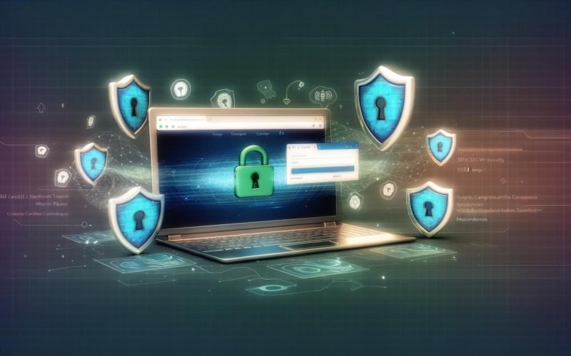 Moderne digitale Illustration zeigt einen Laptop mit sicherer HTTPS-Website, grünem Schlosssymbol, abstrakten Verschlüsselungsmotiven und verschiedenen SSL-Zertifikatstypen als Schilde.