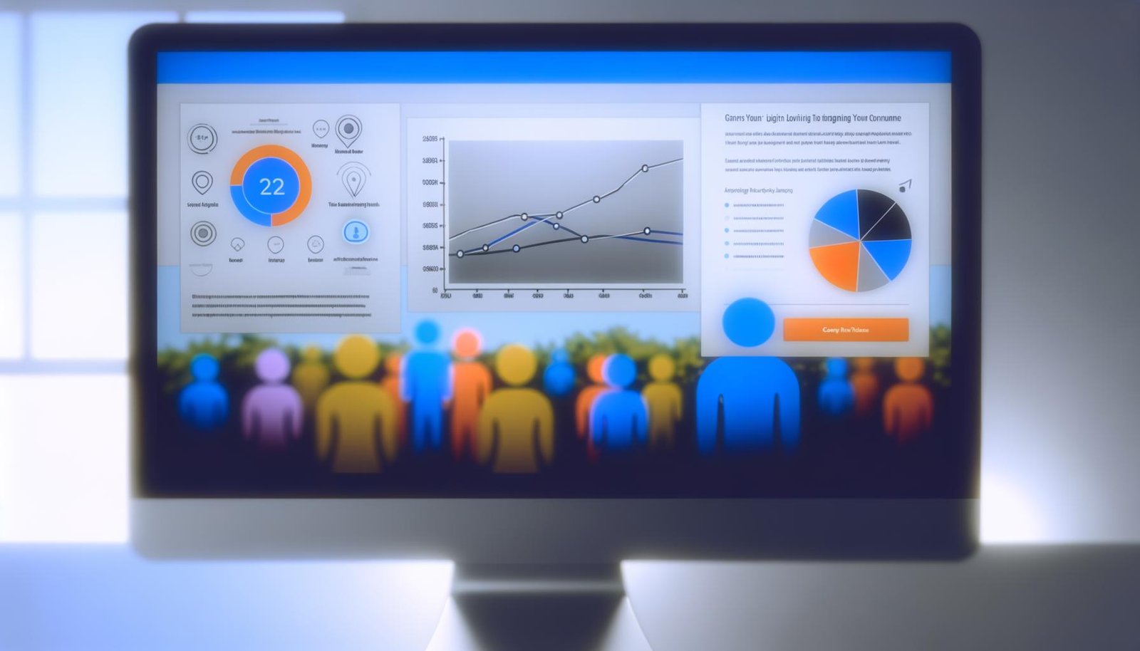 Moderne, minimalistische Landingpage mit Heatmap-Overlays, analytischen Dashboards und dezent platziertem Call-to-Action-Button auf einem hochauflösenden Monitor. Nutzerfiguren bewegen sich schemenhaft entlang einer User-Journey im Hintergrund.