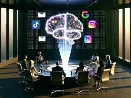 Fünf Marketer*innen sitzen um einen runden Tisch mit verstreuten Charts verschiedener Marketingkanäle. In der Mitte ein leuchtender Würfel, im Hintergrund eine KI-Visualisierung, die für Ordnung sorgt.