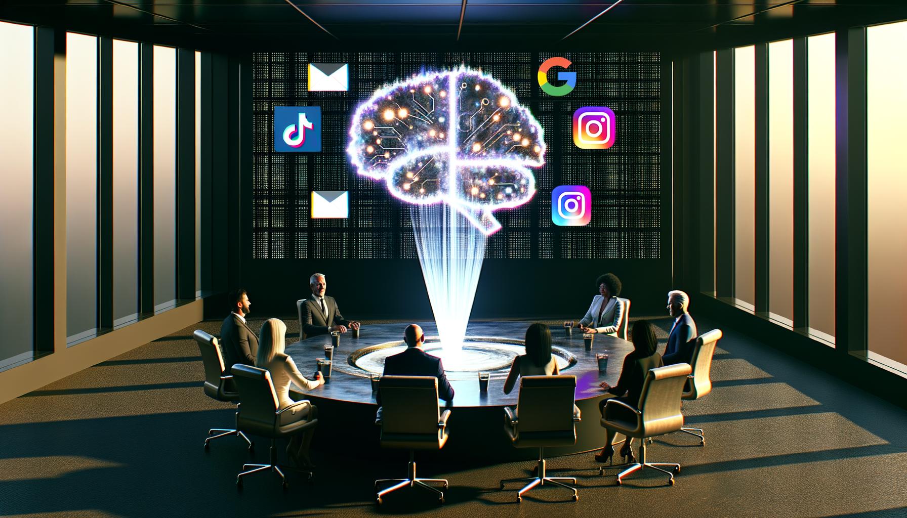 Fünf Marketer*innen sitzen um einen runden Tisch mit verstreuten Charts verschiedener Marketingkanäle. In der Mitte ein leuchtender Würfel, im Hintergrund eine KI-Visualisierung, die für Ordnung sorgt.