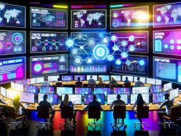 Modernes Marketing-Kontrollzentrum mit digitalen Dashboards, interaktiven Datenströmen und Teams, die Echtzeit-Kundenanalysen durchführen, kontrastiert mit alten Datensilos im Hintergrund.