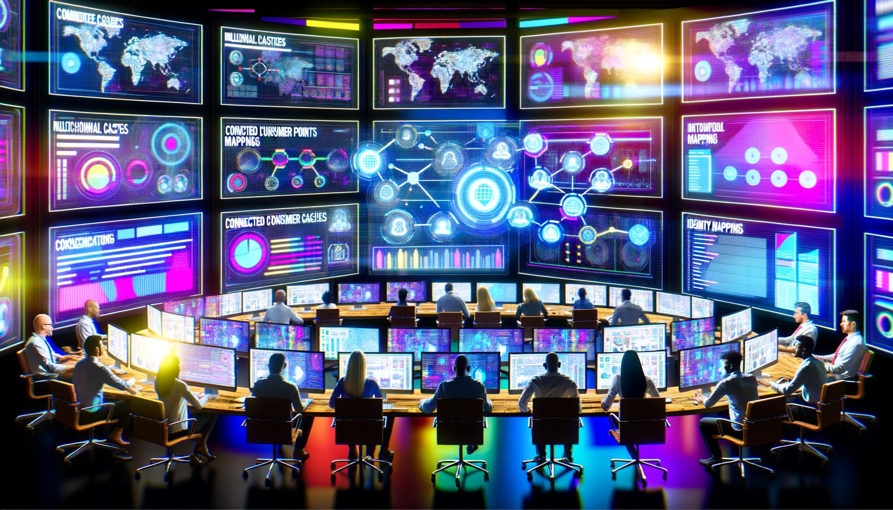 Modernes Marketing-Kontrollzentrum mit digitalen Dashboards, interaktiven Datenströmen und Teams, die Echtzeit-Kundenanalysen durchführen, kontrastiert mit alten Datensilos im Hintergrund.