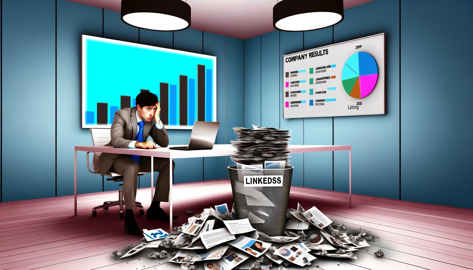 Frustrierter Geschäftsmann allein im Büro mit PowerPoint-Folien, Bildschirmbenachrichtigungen und vollem Papierkorb, während ein flacher Unternehmensgraph an der Wand hängt.
