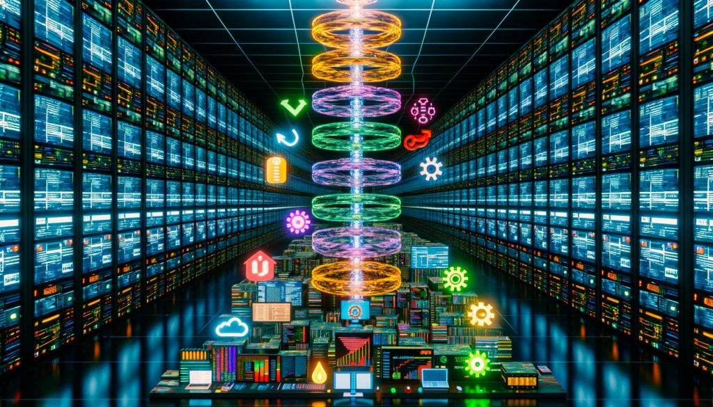 Eine Neon-beleuchtete, mehrschichtige CI/CD Pipeline in Turmform mit Git, Jenkins, Docker, Kubernetes, Infrastruktur-Icons und Datenflüssen vor einem abstrakten Datacenter.