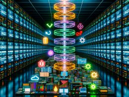 Eine Neon-beleuchtete, mehrschichtige CI/CD Pipeline in Turmform mit Git, Jenkins, Docker, Kubernetes, Infrastruktur-Icons und Datenflüssen vor einem abstrakten Datacenter.