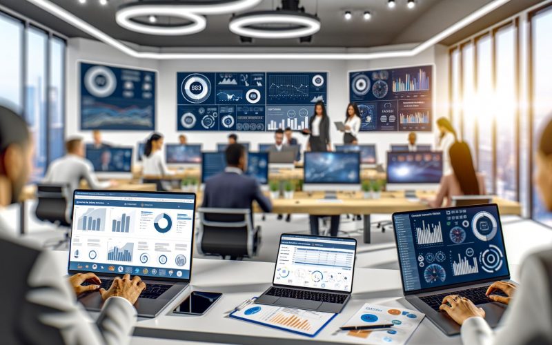 Dynamisches Vertriebsteam arbeitet in modernem, offenem Büro mit Laptops, Tablets und großen Bildschirmen, die Echtzeit-KPIs anzeigen