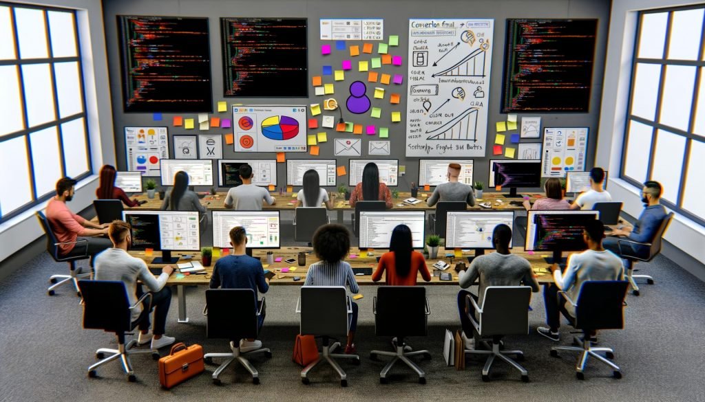 Digitales Marketing-Team diskutiert CTA-Buttons und Conversion-Analysen an Monitoren im kreativen Büro mit Whiteboards und Notizen