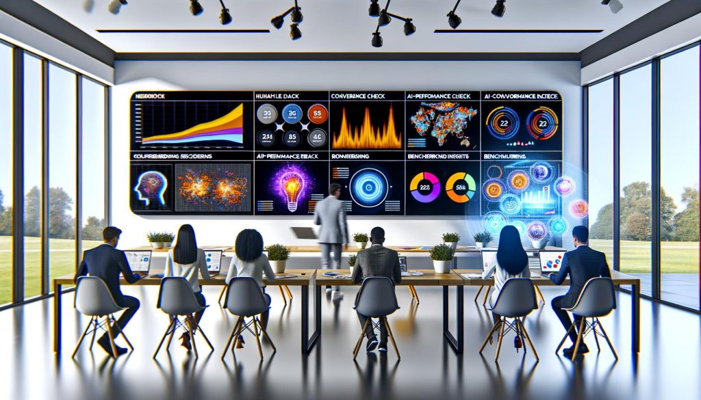 Marketer in modernem Büro analysieren auf LED-Screens komplexe Dashboards mit Daten-Visualisierungen, neuronalen Netzwerken und Heatmaps, unterstützt von einem holografischen digitalen Assistenten.