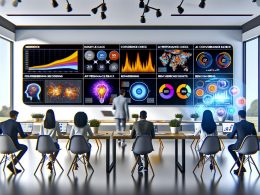 Marketer in modernem Büro analysieren auf LED-Screens komplexe Dashboards mit Daten-Visualisierungen, neuronalen Netzwerken und Heatmaps, unterstützt von einem holografischen digitalen Assistenten.