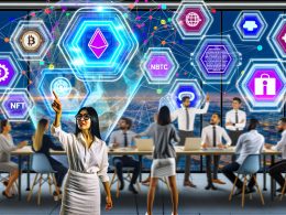 Futuristisches Büro mit diversen Marketern, die eine leuchtende, transparente Blockchain-Visualisierung und schwebende NFTs analysieren, umgeben von Datenströmen und Marketing-Dashboards.