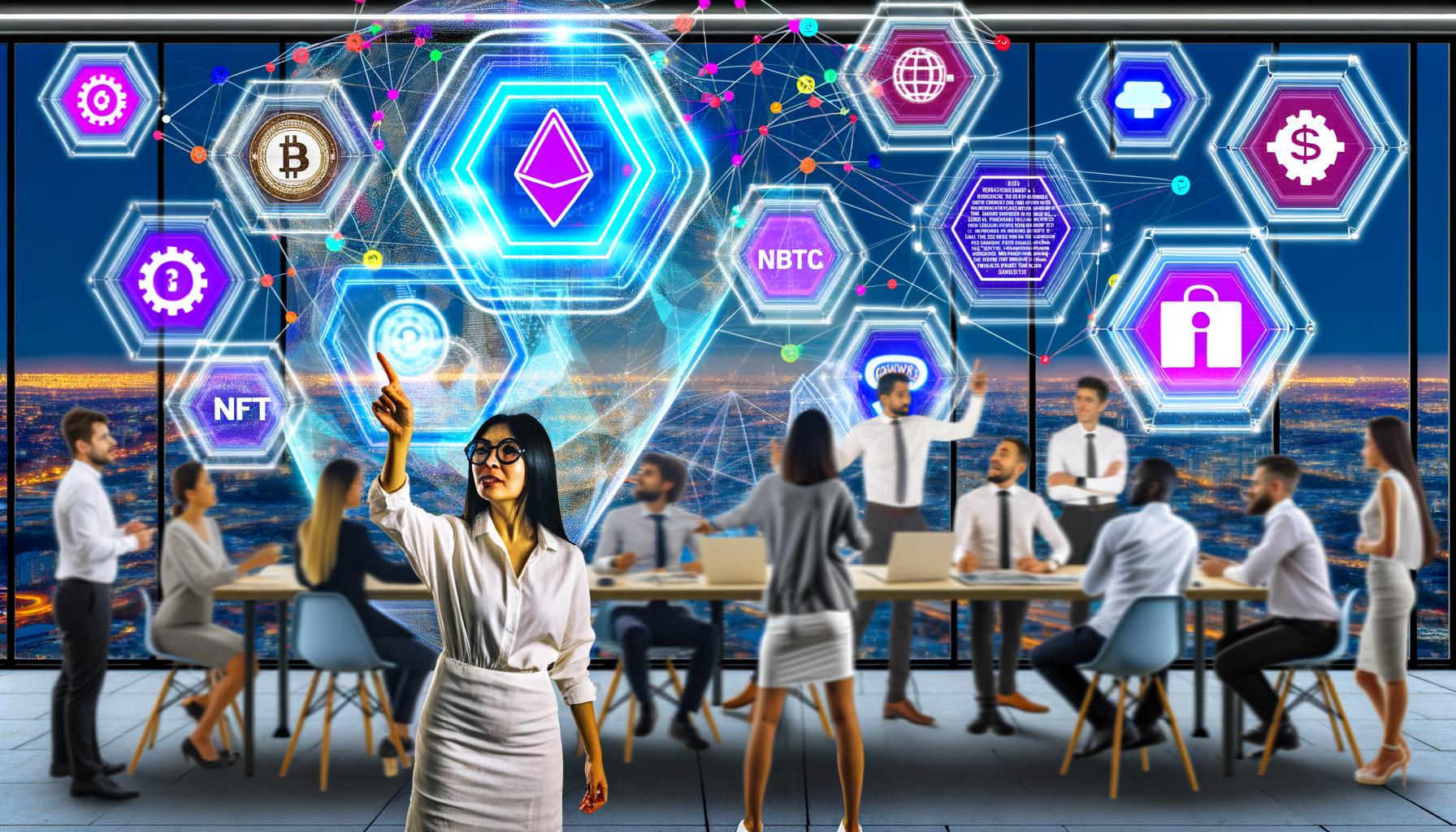 Futuristisches Büro mit diversen Marketern, die eine leuchtende, transparente Blockchain-Visualisierung und schwebende NFTs analysieren, umgeben von Datenströmen und Marketing-Dashboards.