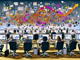 Mitarbeiter in einem zeitgemäßen Büro schauen entnervt auf verschiedene Daten-Dashboards; um sie herum schwebt ein Chaos aus bunten Datenströmen und fragmentierten Symbolen.