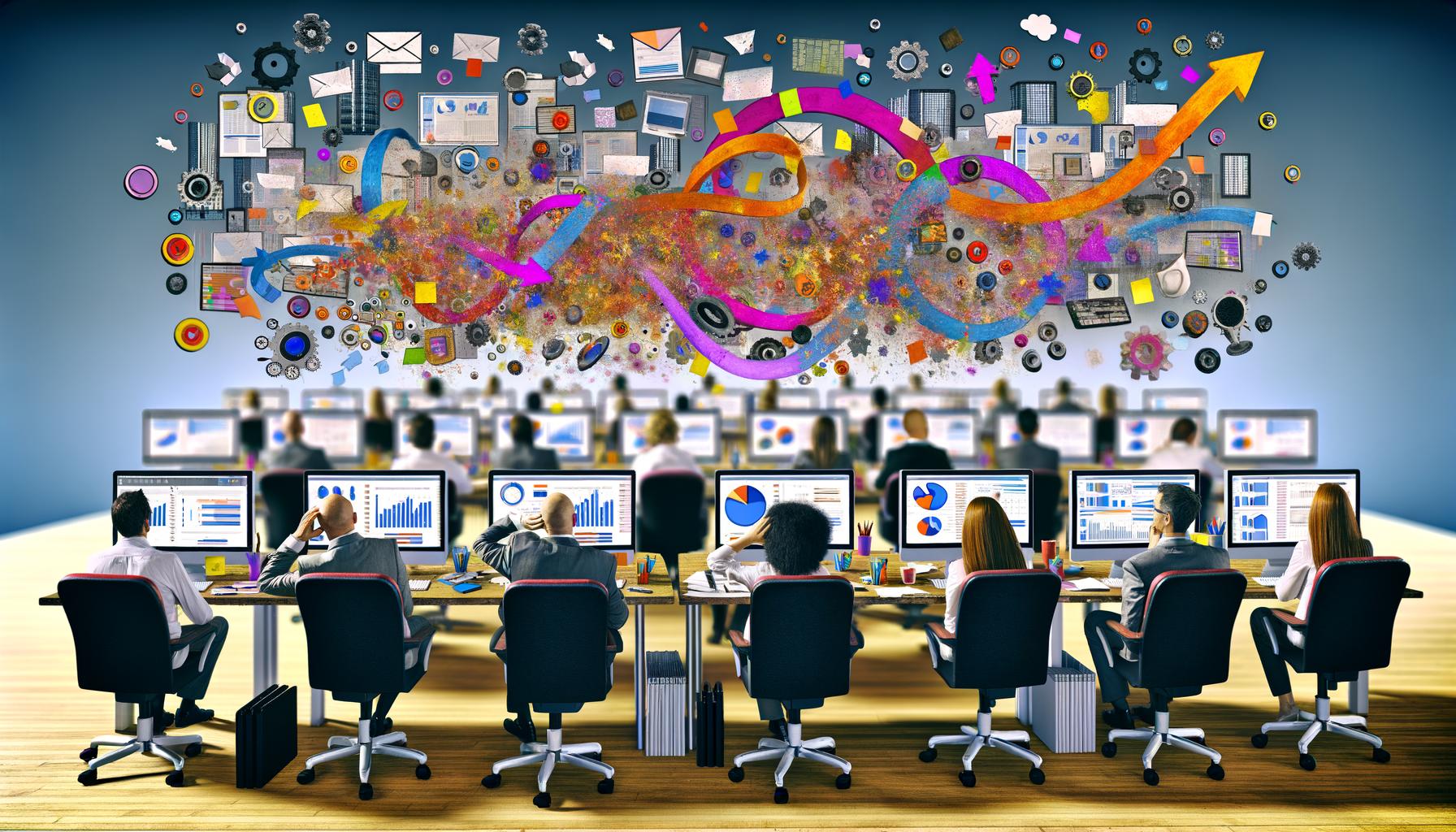 Mitarbeiter in einem zeitgemäßen Büro schauen entnervt auf verschiedene Daten-Dashboards; um sie herum schwebt ein Chaos aus bunten Datenströmen und fragmentierten Symbolen.