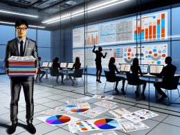 Ein professionell gekleideter Mann in einer Digitalagentur hält enttäuscht einen Stapel farbiger Präsentationen und Berichte, umgeben von Laptops mit flachen Statistiken. Im Hintergrund präsentieren Berater vor komplexen Folien. Durch Glas sieht man ein fokussiertes Team, das mit Code und Analysen arbeitet.