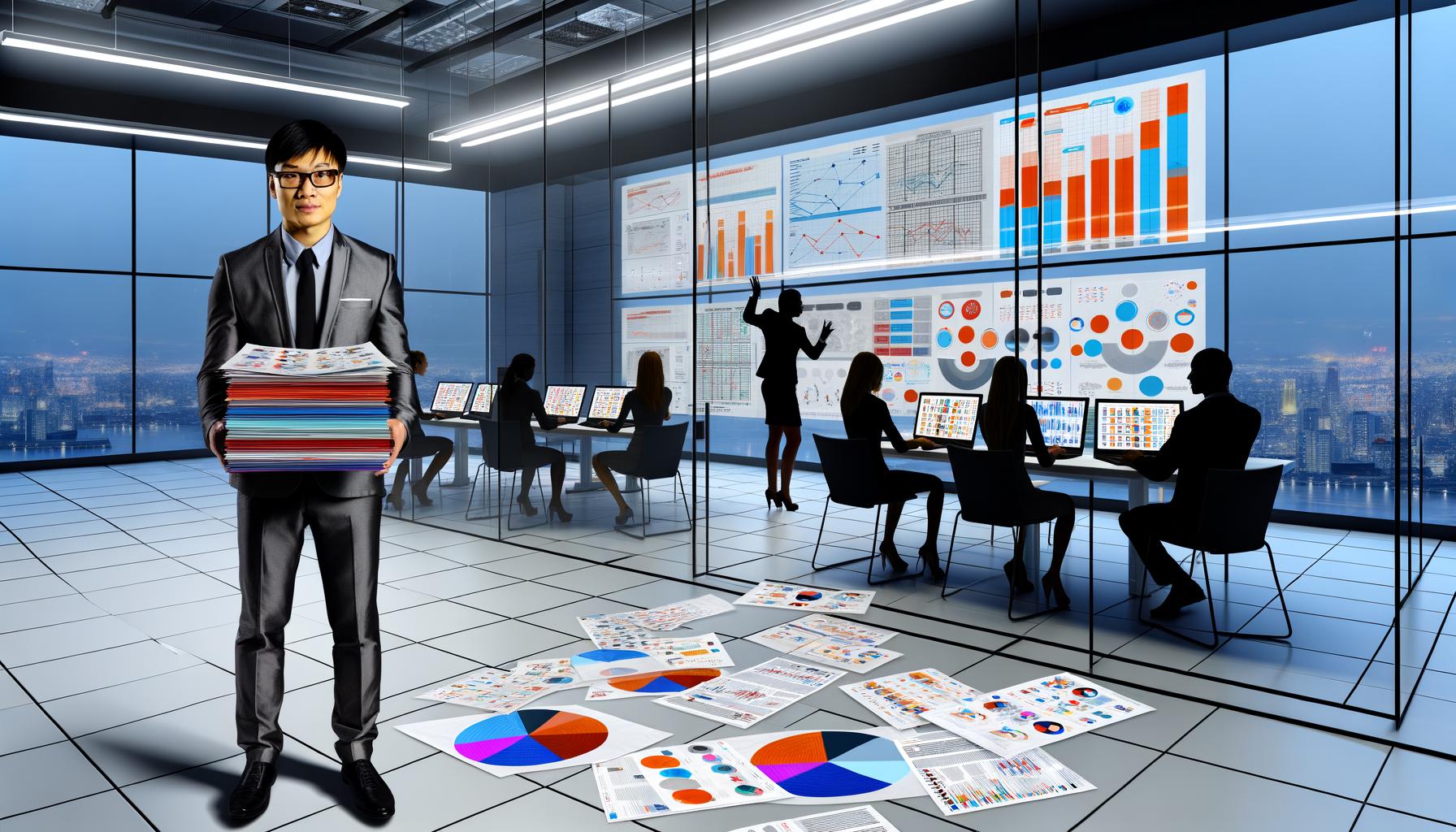 Ein professionell gekleideter Mann in einer Digitalagentur hält enttäuscht einen Stapel farbiger Präsentationen und Berichte, umgeben von Laptops mit flachen Statistiken. Im Hintergrund präsentieren Berater vor komplexen Folien. Durch Glas sieht man ein fokussiertes Team, das mit Code und Analysen arbeitet.