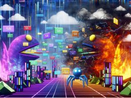 Illustration des Streits zwischen Server Side Rendering und Client Side Rendering für SEO: Glühende HTML-Seiten, beschäftigte Googlebots, chaotisches JavaScript und fallende Websites im digitalen Stadtbild mit React, Vue und Angular Logos.