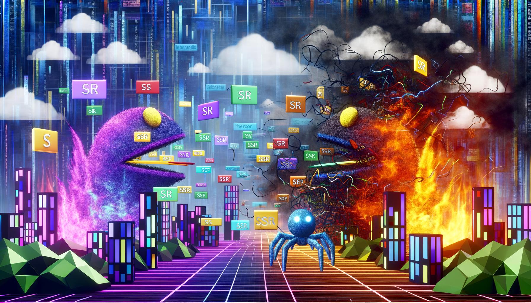 Illustration des Streits zwischen Server Side Rendering und Client Side Rendering für SEO: Glühende HTML-Seiten, beschäftigte Googlebots, chaotisches JavaScript und fallende Websites im digitalen Stadtbild mit React, Vue und Angular Logos.