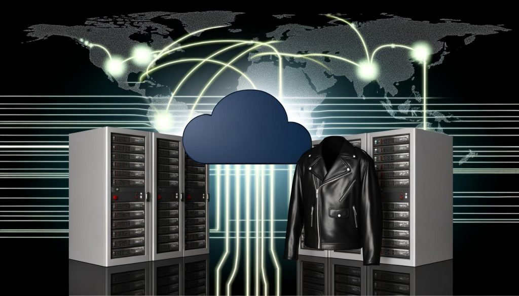 Modernes Konzeptgrafik mit Cloudflare-Logo, klassischen Serverracks, schwarzer Lederjacke und vernetzten Datenströmen, die Edge-Computing und traditionelles Hosting visualisieren.