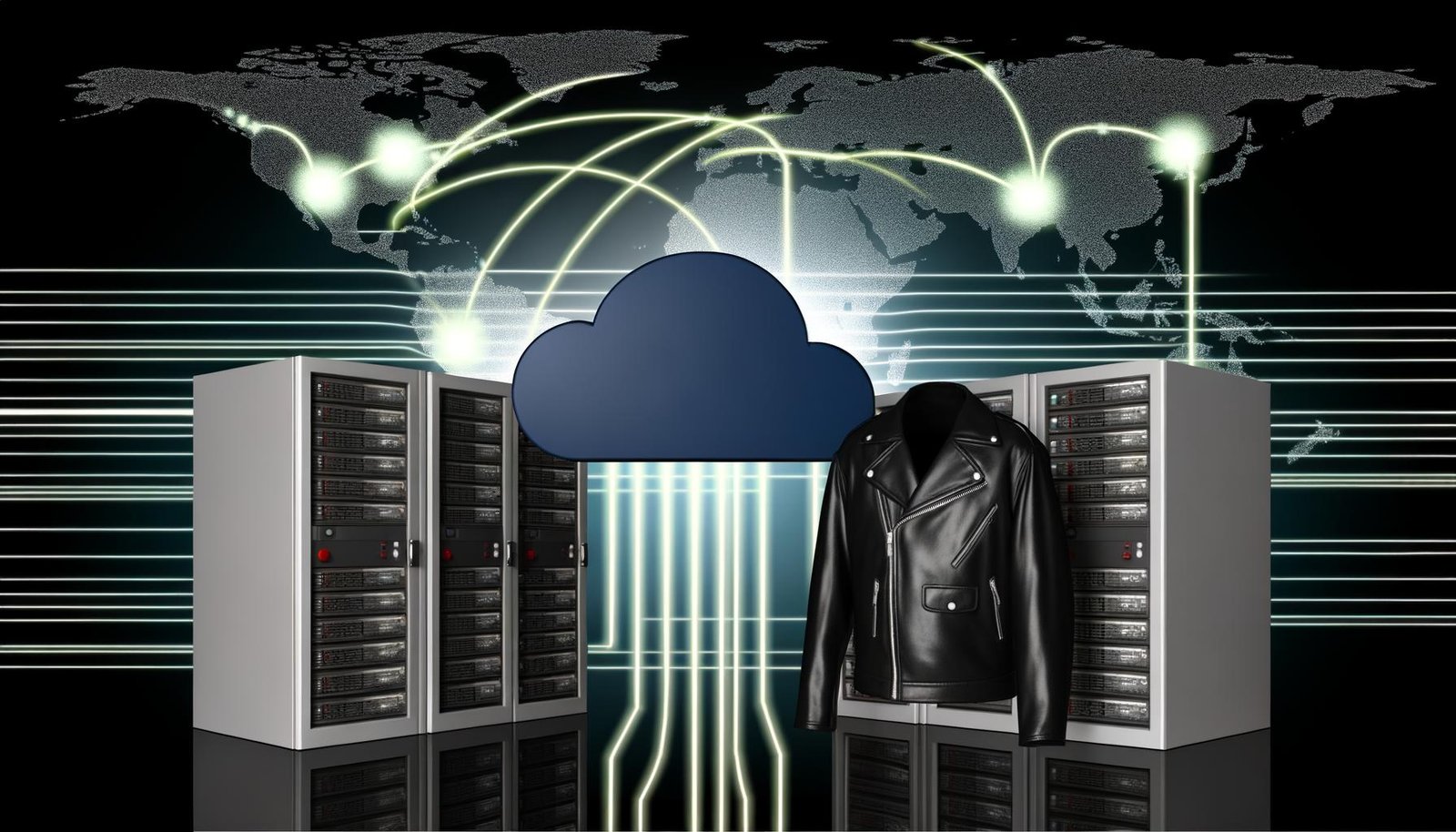 Modernes Konzeptgrafik mit Cloudflare-Logo, klassischen Serverracks, schwarzer Lederjacke und vernetzten Datenströmen, die Edge-Computing und traditionelles Hosting visualisieren.