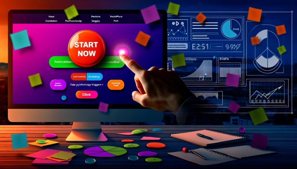 Bild eines digitalen Büros mit Bildschirm einer Landingpage voller bunter Buttons und einem hervorgehobenen CTA-Button, umgeben von Statistiken, Heatmaps, Notizblöcken und Skizzen zu psychologischen Triggern.