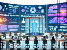 Digitalcollage eines Marketing-Kontrollraums mit großem holografischen Bildschirm, KI-gesteuerten Dashboards, diversen Marketers sowie modernen Schlagworten wie 'Data Lake' im Hintergrund.