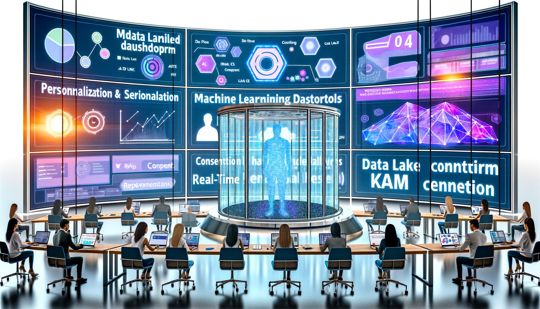 Digitalcollage eines Marketing-Kontrollraums mit großem holografischen Bildschirm, KI-gesteuerten Dashboards, diversen Marketers sowie modernen Schlagworten wie 'Data Lake' im Hintergrund.