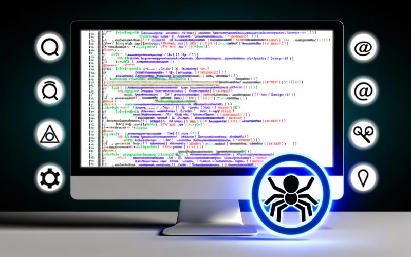 Computerbildschirm mit hervorgehobenem Schema-Markup in JSON-LD, umgeben von Suchmaschinen-Symbolen und einer Google-Suchergebnisseite mit Rich Snippets