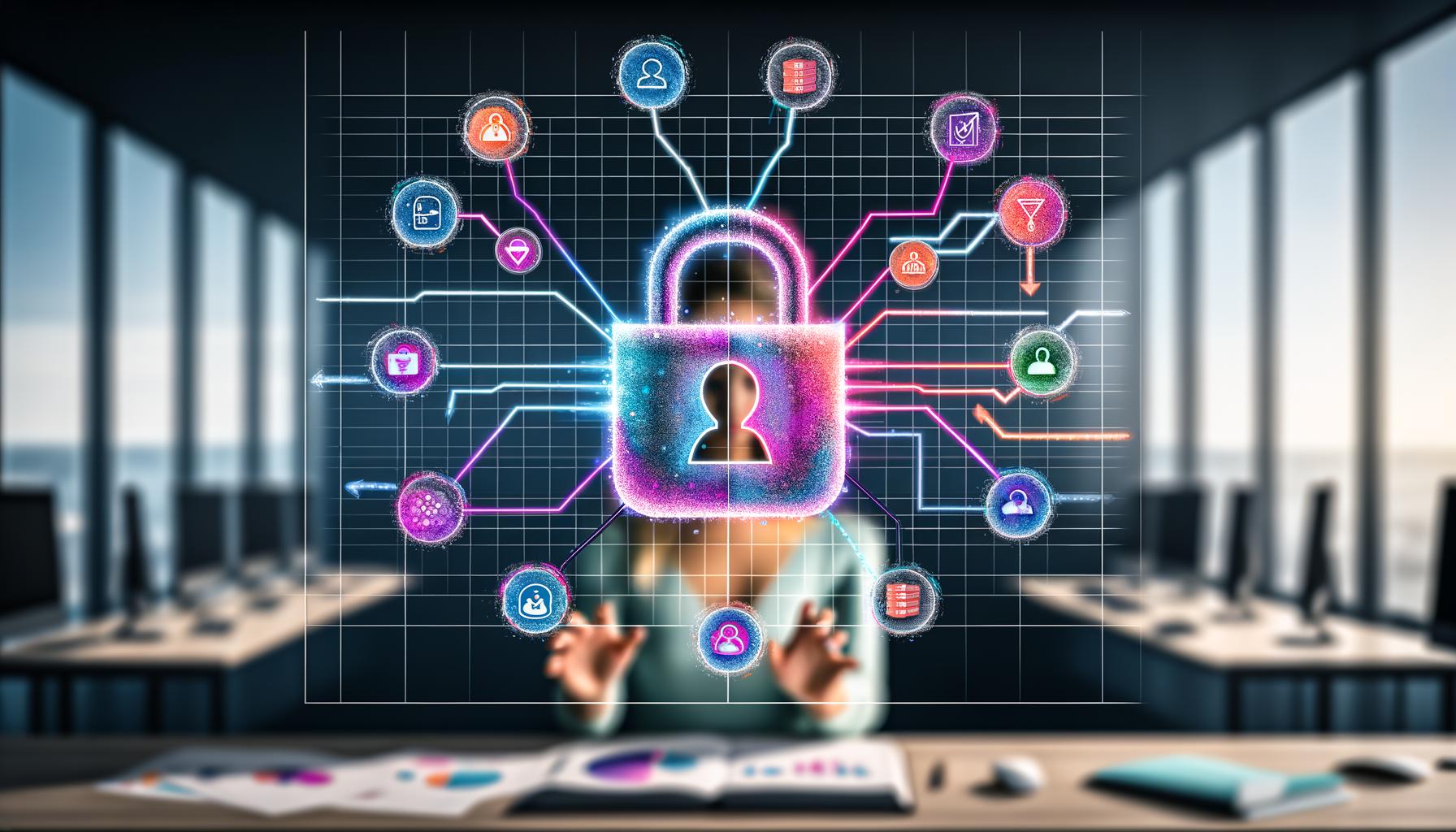 Modernes Büro mit digitalem Datenhub, vernetzten Kundenprofilen, Split-Screen-Dashboard, Datenschutzsymbol, Consent-Management, technischen Integrationen und CDP-Anbietervergleich, alles in klarer, aufgeräumter Technologieästhetik.