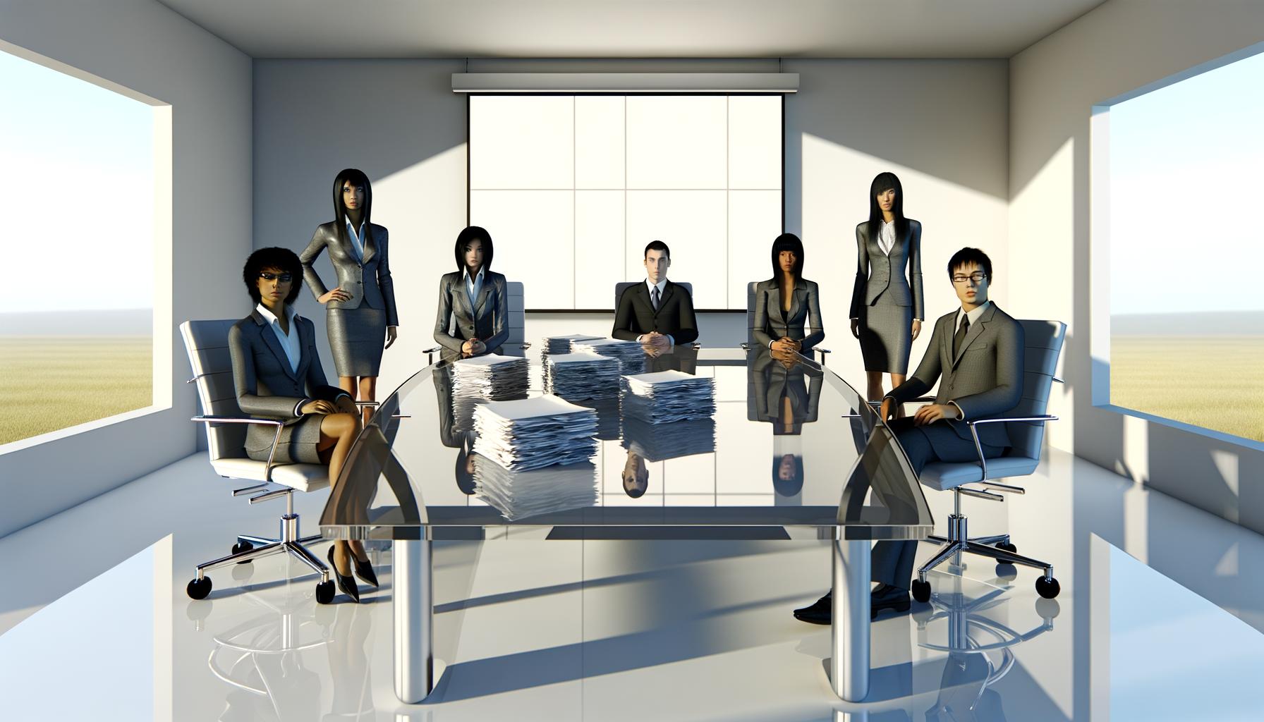 Berater im modernen Konferenzraum sitzen nachdenklich um einen Glastisch, PowerPoint-Ausdrucke ungelesen, digitaler Bildschirm leer, ruhige und gespannte Atmosphäre.