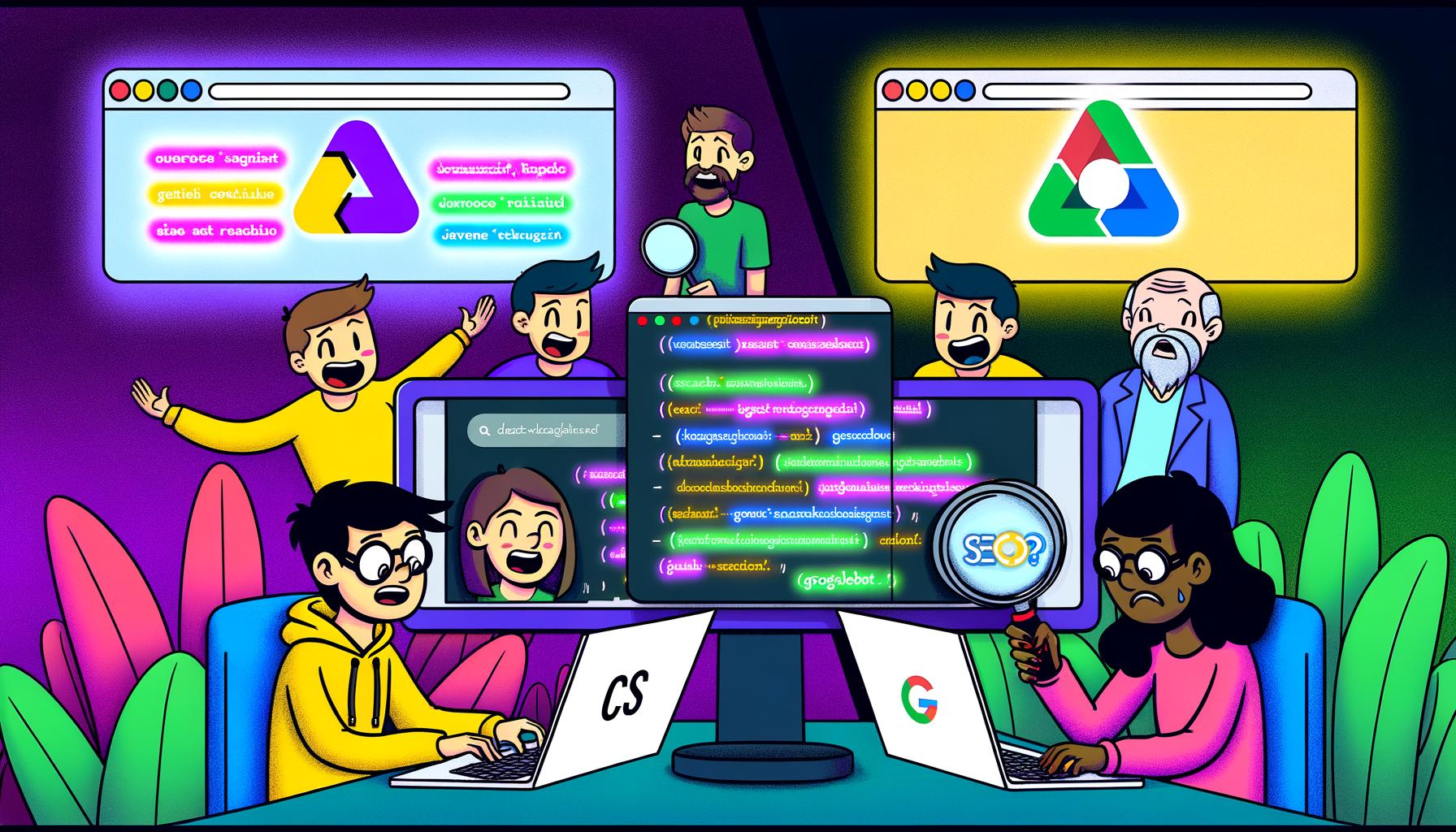 Comicstil-Bild: Glückliche Entwickler nutzen Laptops mit modernen UI-Frameworks, gegenüber ein enttäuschter SEO mit Lupe vor leeren Google-Suchergebnissen, umgeben von leuchtenden IT-Begriffen.