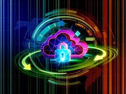 Futuristische Illustration eines Cloudflare Worker-Logos als leuchtendes Symbol auf einer Weltkarte, umrahmt von Routing-Pfeilen, Codezeilen und einem offenen digitalen Schloss für Sicherheit in Neonfarben auf dunklem Grund.