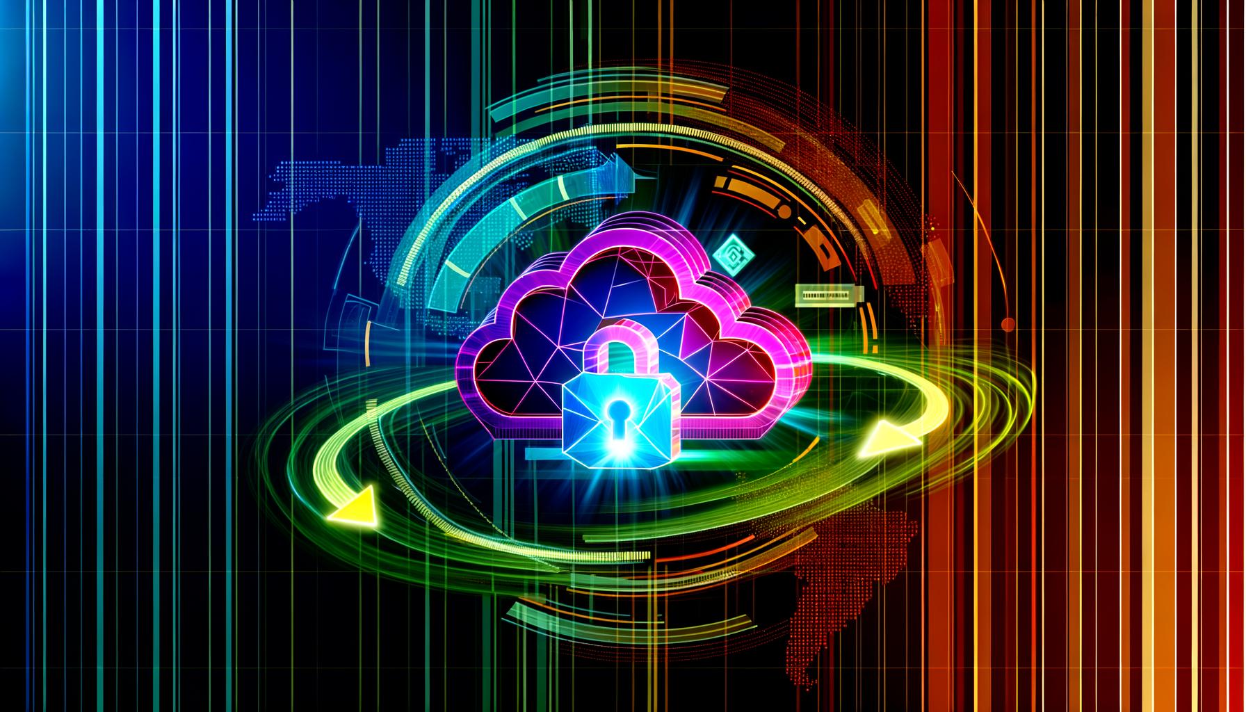 Futuristische Illustration eines Cloudflare Worker-Logos als leuchtendes Symbol auf einer Weltkarte, umrahmt von Routing-Pfeilen, Codezeilen und einem offenen digitalen Schloss für Sicherheit in Neonfarben auf dunklem Grund.