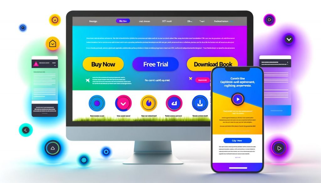 Dynamische Landingpage mit auffälligen CTA-Buttons, Vertrauenselementen, Microcopy und Heatmap-Overlays – angezeigt auf Desktop- und Mobilgeräten