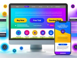 Dynamische Landingpage mit auffälligen CTA-Buttons, Vertrauenselementen, Microcopy und Heatmap-Overlays – angezeigt auf Desktop- und Mobilgeräten