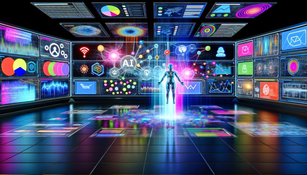 Futuristischer Kontrollraum mit digitalen Bildschirmen, die Datenströme, neuronale Netzwerke und verschiedene Customer-Touchpoints zeigen, im Zentrum eine stilisierte KI-Figur, die traditionelle Marketing-Funnel auflöst.