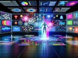 Futuristischer Kontrollraum mit digitalen Bildschirmen, die Datenströme, neuronale Netzwerke und verschiedene Customer-Touchpoints zeigen, im Zentrum eine stilisierte KI-Figur, die traditionelle Marketing-Funnel auflöst.