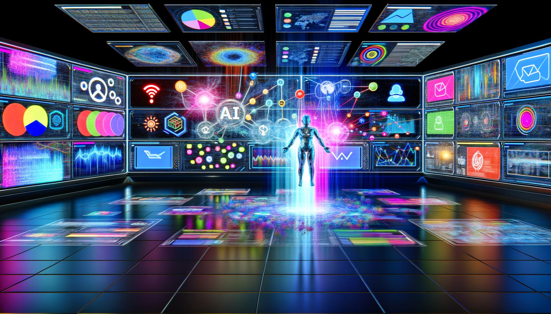 Futuristischer Kontrollraum mit digitalen Bildschirmen, die Datenströme, neuronale Netzwerke und verschiedene Customer-Touchpoints zeigen, im Zentrum eine stilisierte KI-Figur, die traditionelle Marketing-Funnel auflöst.
