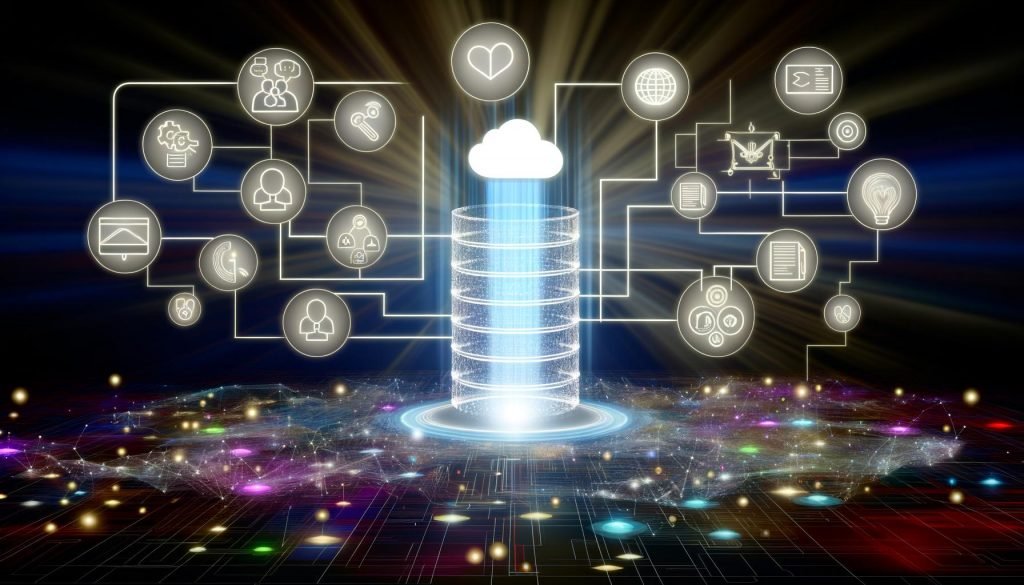 Visionäre Illustration einer leuchtenden Datenplattform als stylisierte Serverstruktur mit einfließenden Datenquellen-Icons und einem generierten Kundenprofil im digitalen Netzwerk-Design.