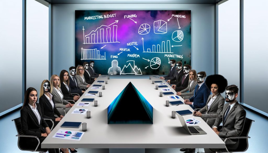 Digitale Illustration eines Konferenzraums mit frustrierten Geschäftsleuten, die auf überladene PowerPoint-Folien blicken, während Marketing-Budget-Notizen im Hintergrund verschwinden.