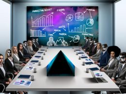 Digitale Illustration eines Konferenzraums mit frustrierten Geschäftsleuten, die auf überladene PowerPoint-Folien blicken, während Marketing-Budget-Notizen im Hintergrund verschwinden.