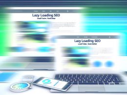 Saubere, digitale Header-Illustration zu Lazy Loading SEO mit Laptop und Smartphone, auf denen Bilder nachgeladen werden. Geschwindigkeitssymbol und aufsteigende Ranking-Kurve zeigen Performance-Verbesserung.