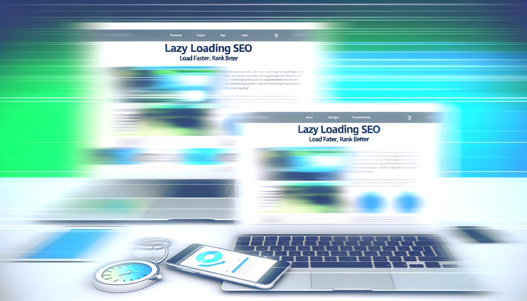 Saubere, digitale Header-Illustration zu Lazy Loading SEO mit Laptop und Smartphone, auf denen Bilder nachgeladen werden. Geschwindigkeitssymbol und aufsteigende Ranking-Kurve zeigen Performance-Verbesserung.