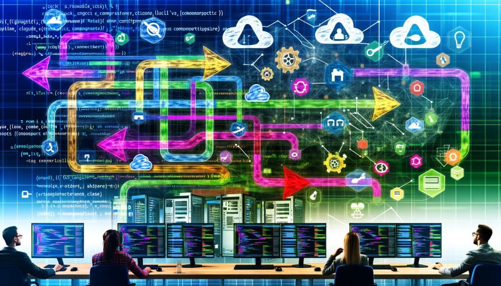 Collage einer automatisierten Softwareentwicklungsumgebung mit verzweigter CI/CD Pipeline, Entwicklerfiguren, Serverracks, Cloud-Symbolen, Build-, Test- und Deploy-Icons sowie Logos von GitHub Actions, Jenkins, GitLab CI und CircleCI.